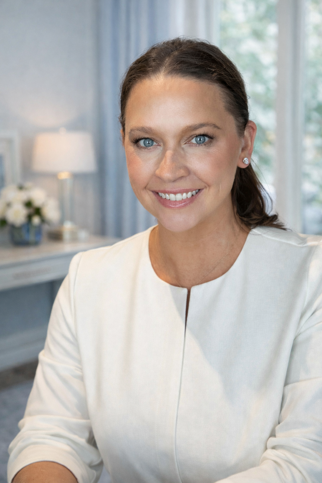 A smiling woman with blue eyes and brown hair in a ponytail, wearing a white top, sitting in a bright room with a window and a lamp in the background.