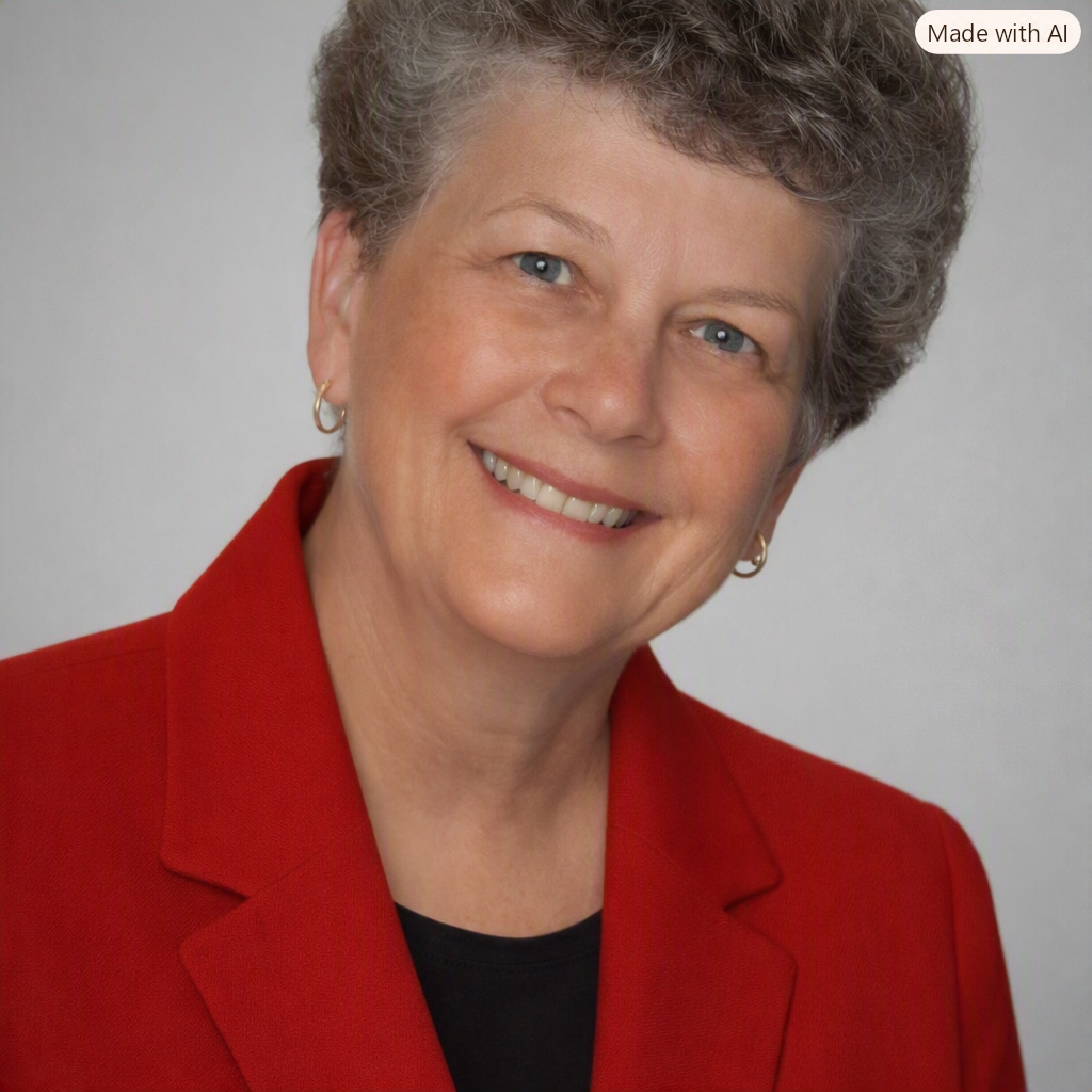 A smiling middle-aged woman with short, curly gray hair, wearing a red blazer and gold hoop earrings, against a light gray background.