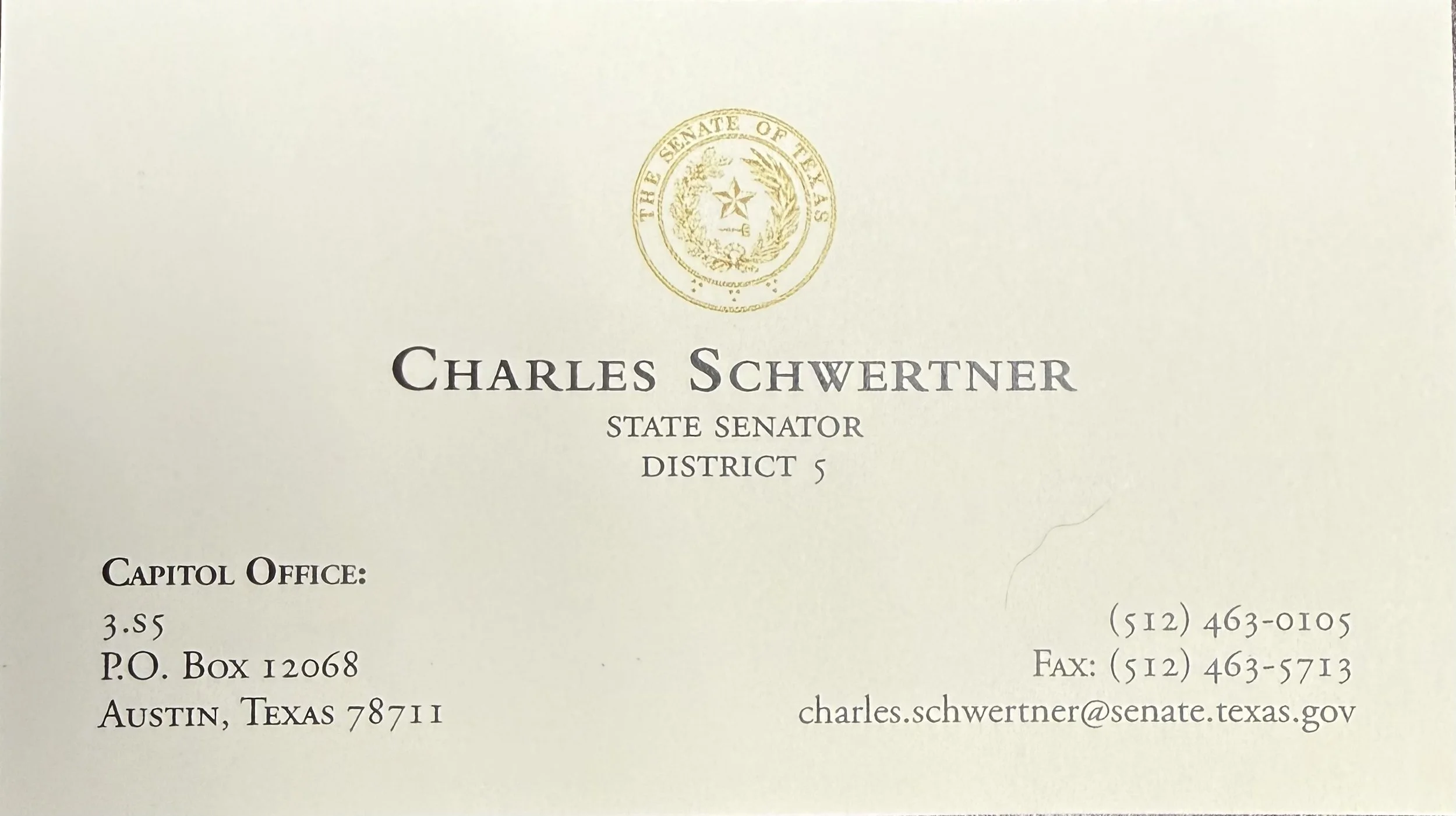 Official letter from the Texas State Senate addressed to Charles Schwertner, a state senator, with a gold embossed Texas State Senate seal at the top.