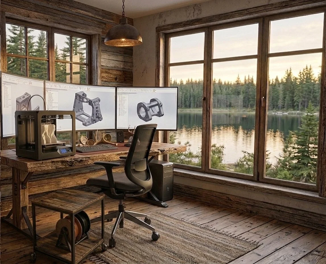A rustic home office with a large wooden desk, three monitors displaying 3D modeling software, a 3D printer, and a black office chair. Large windows show a view of a lake and a forested landscape during sunset.