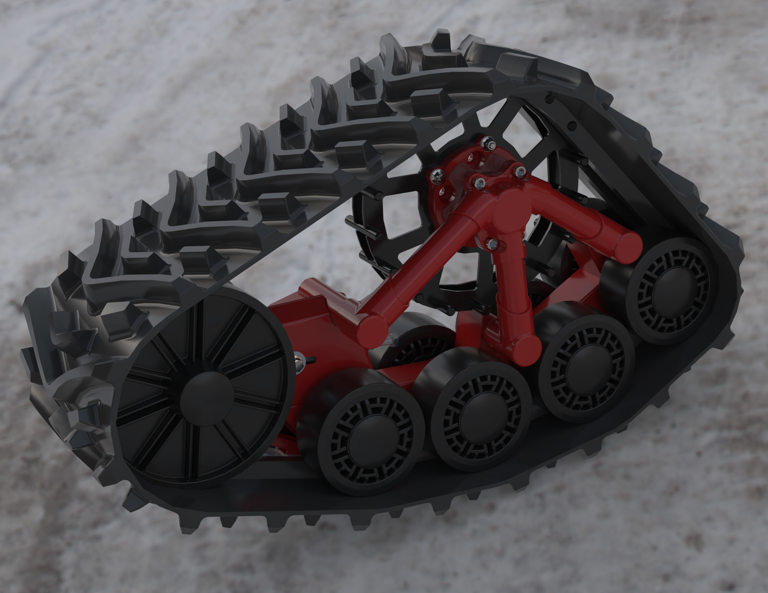 Close-up of a snowshoe binding system with black plastic and red metal components, including adjustable straps and cleats for securing footwear.