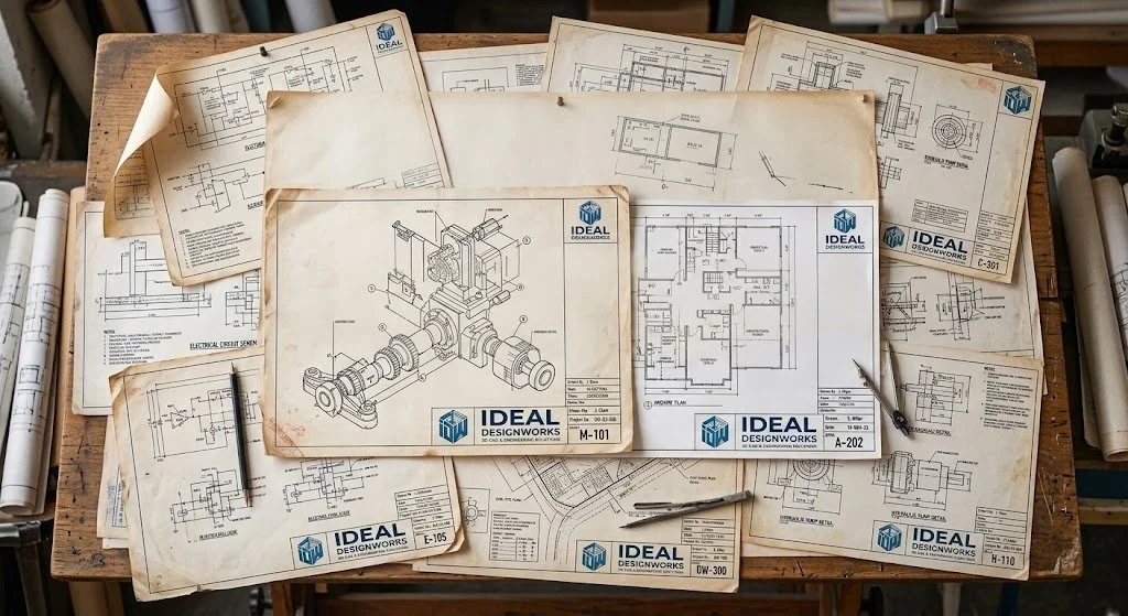 Collection of technical engineering blueprints and schematics on a wooden desk, including floor plans and mechanical diagrams.