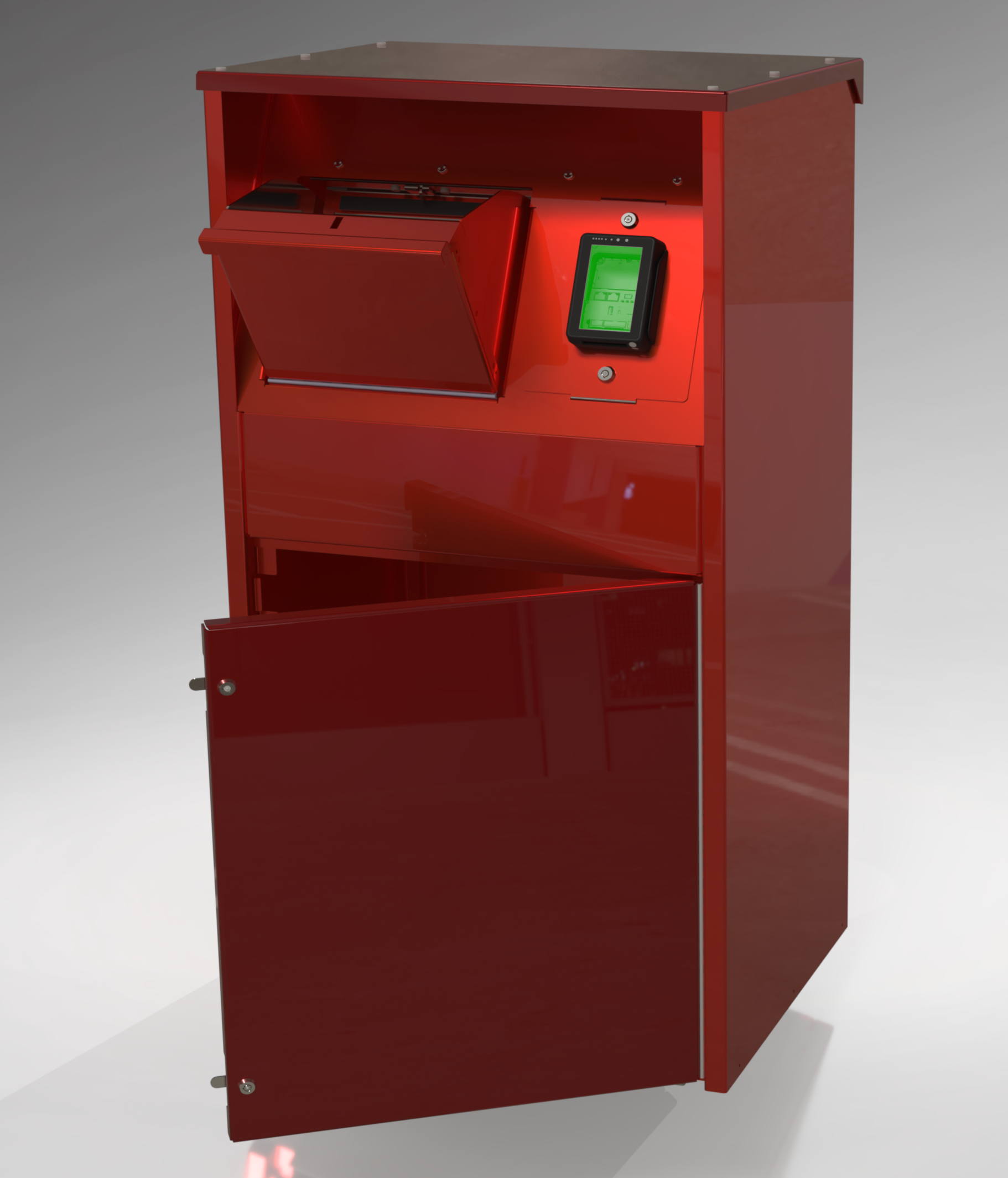 Red robotic device with a small screen displayed on its side and an open compartment, set against a plain background.