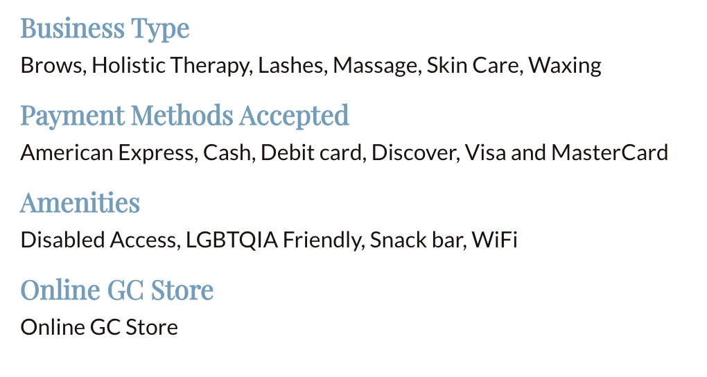 Text-based info listing a business's services, payment methods, amenities, and online store details.