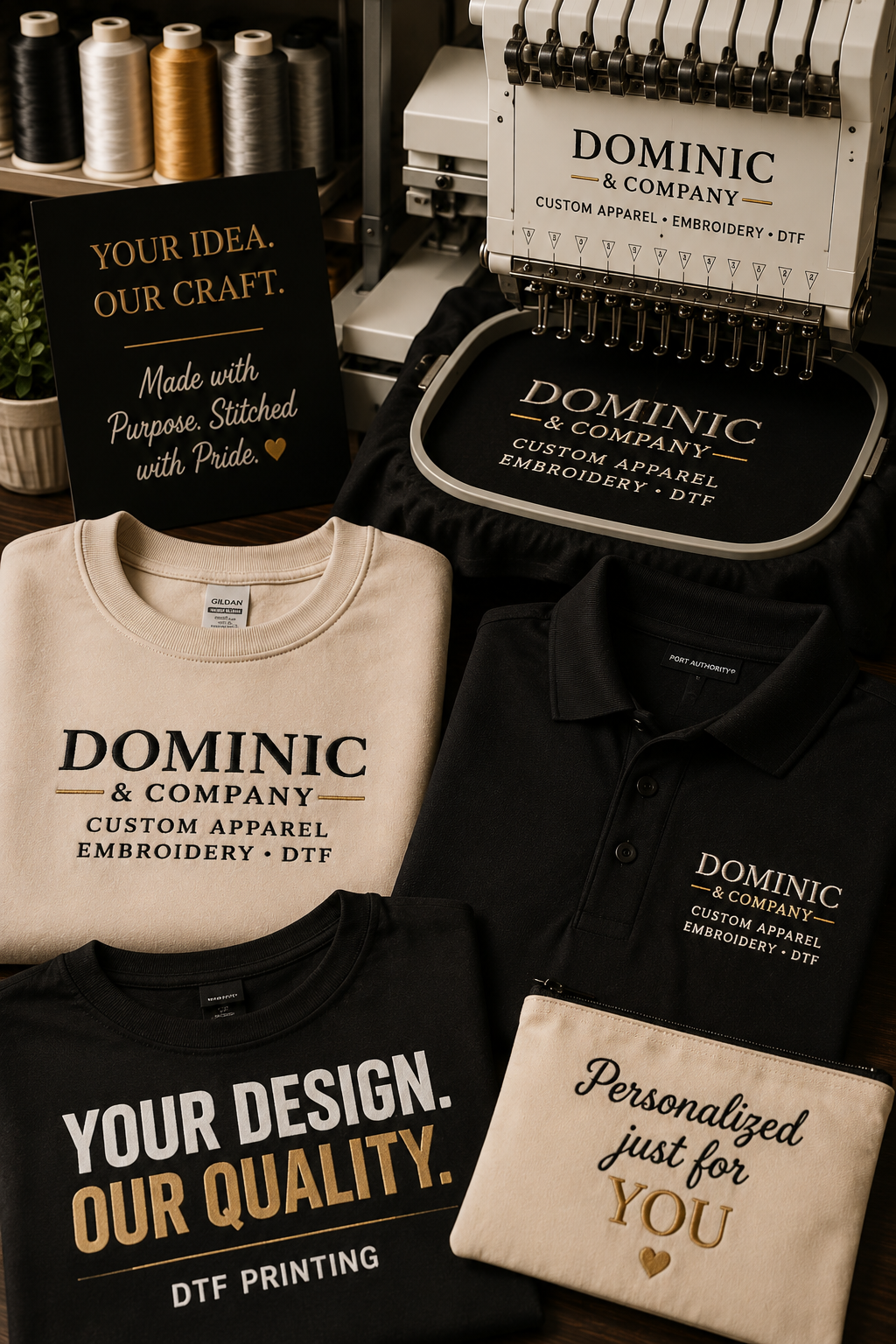 Embroidery machine and apparel items with branded text, including T-shirts and a sweatshirt, promoting custom apparel and embroidery services for Dominic & Company.
