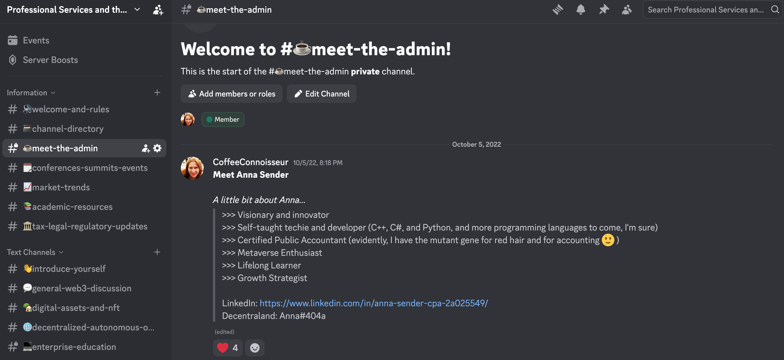 Discord introduction post for Anna Sender with a professional biography and community background.