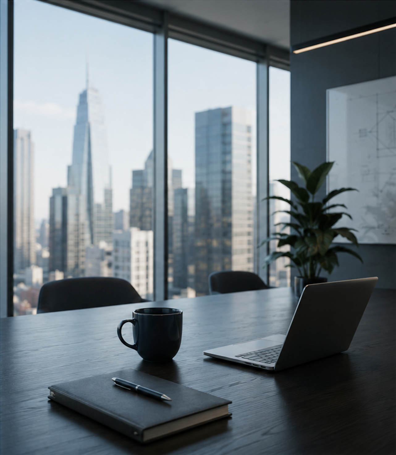 Laptop, notebook, and coffee in a modern office overlooking a city skyline.