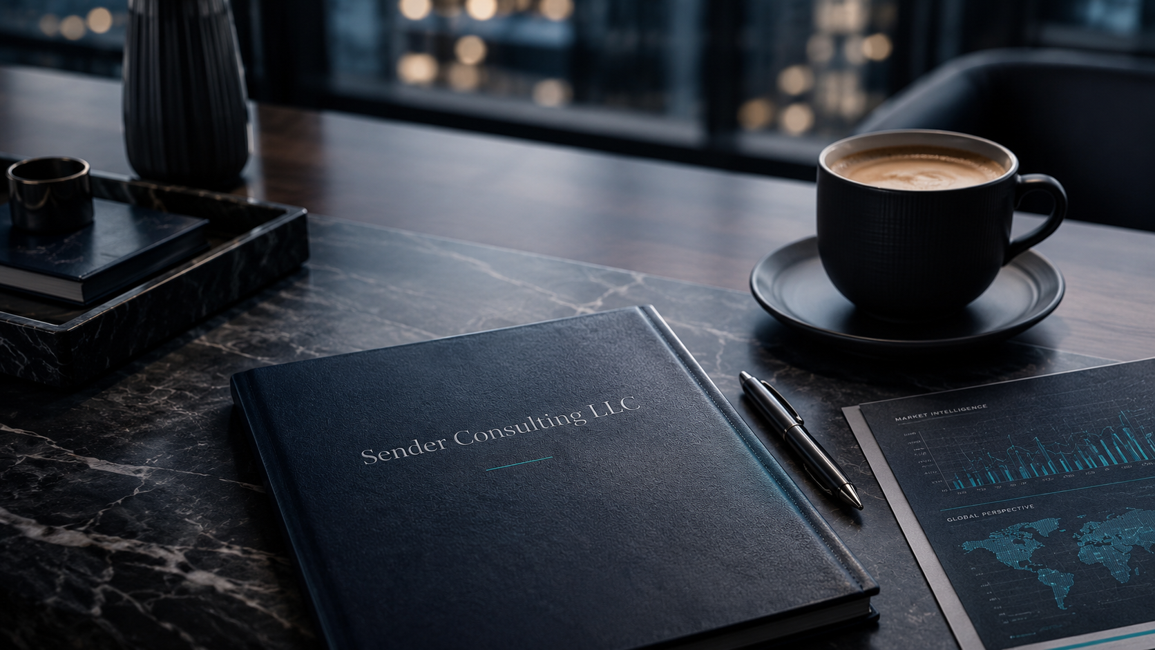 Coffee, a Sender Consulting LLC notebook, and a market intelligence report on a marble desk.