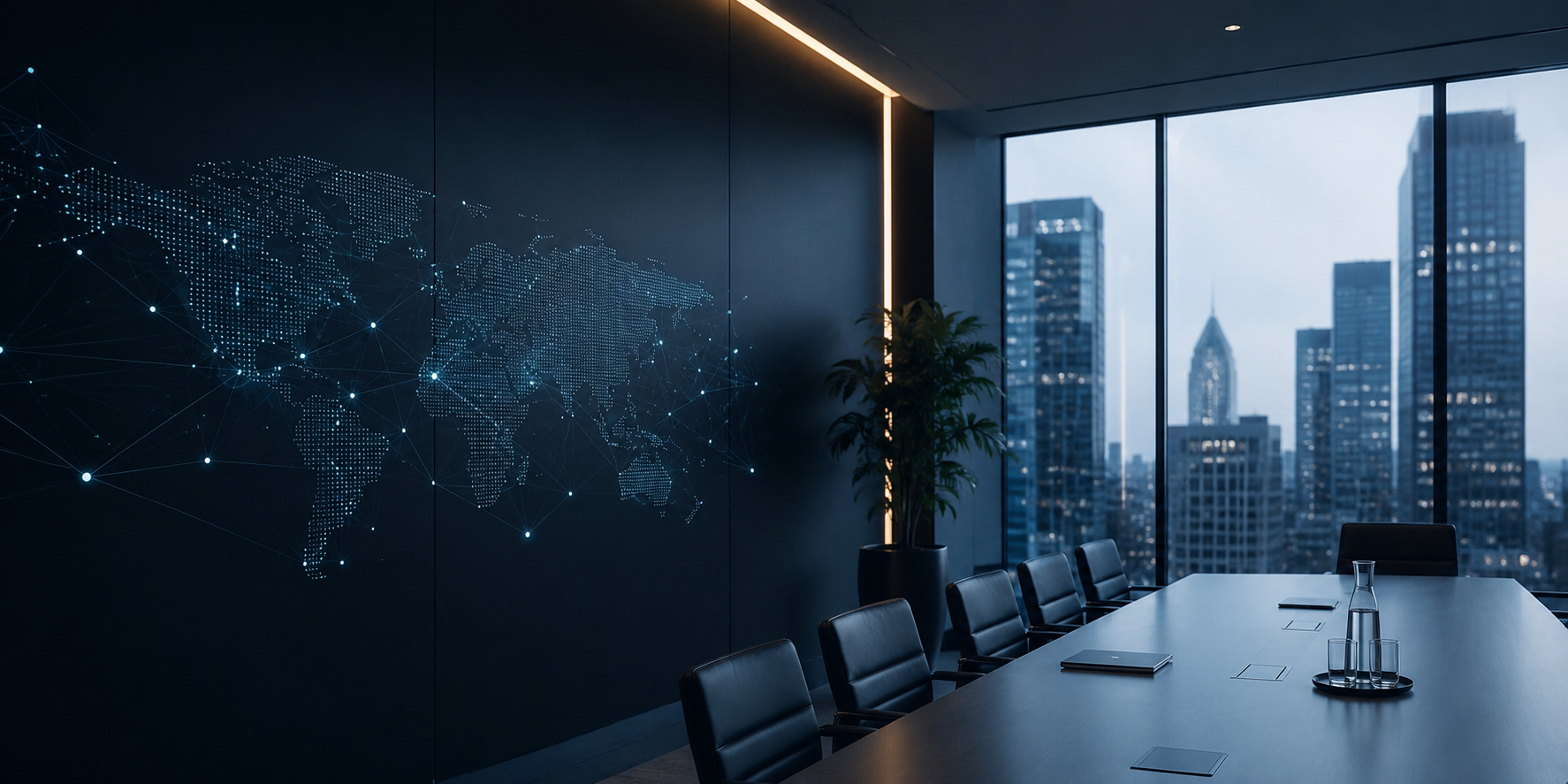 Modern conference room with a digital world map and city skyline.