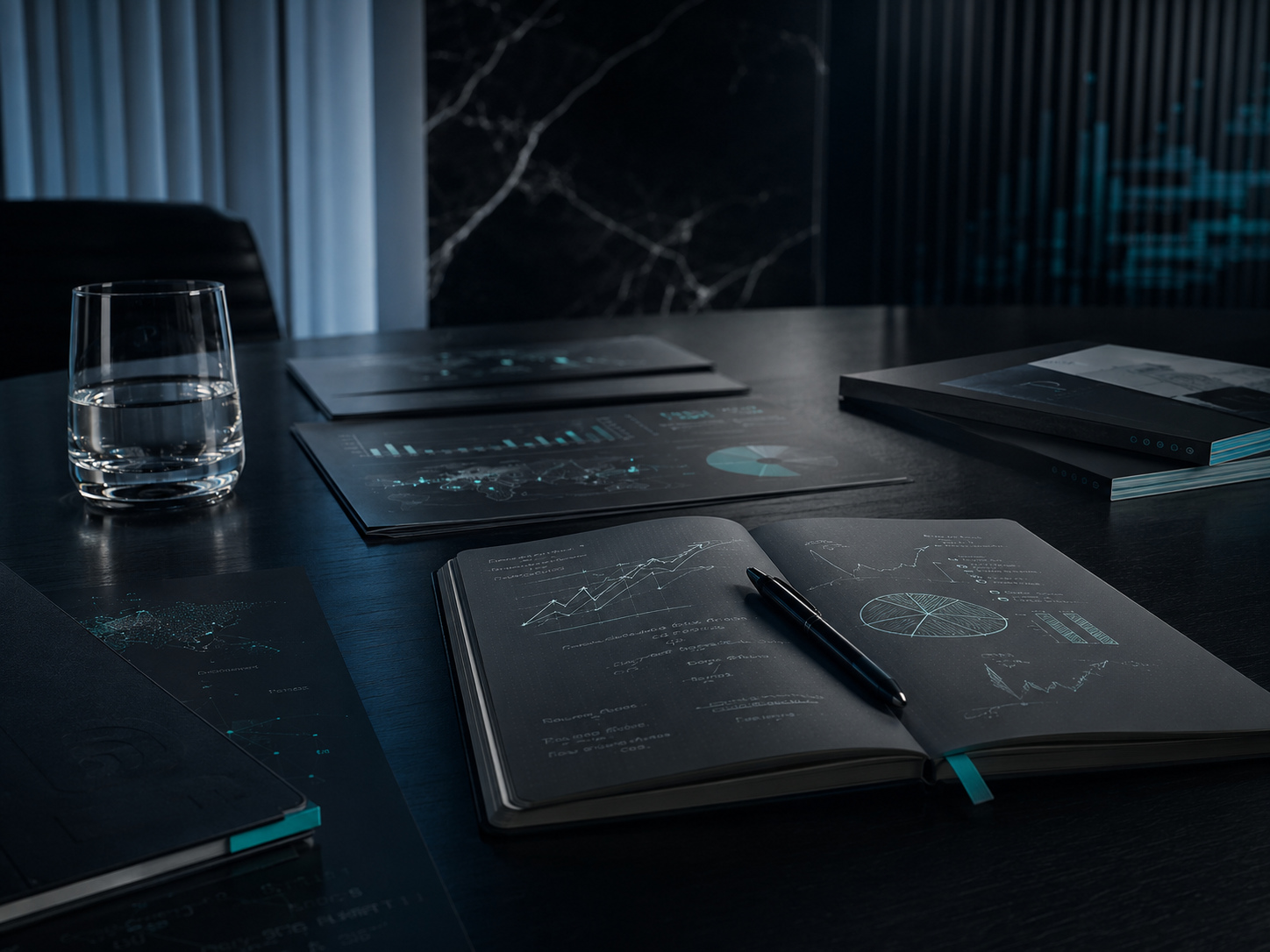 Market research documents and financial charts displayed across a conference table.