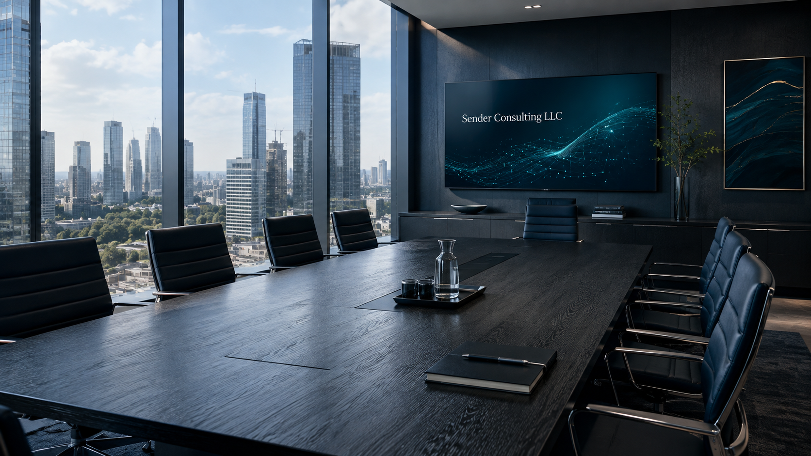 Sender Consulting LLC displayed in a modern conference room overlooking a city skyline.