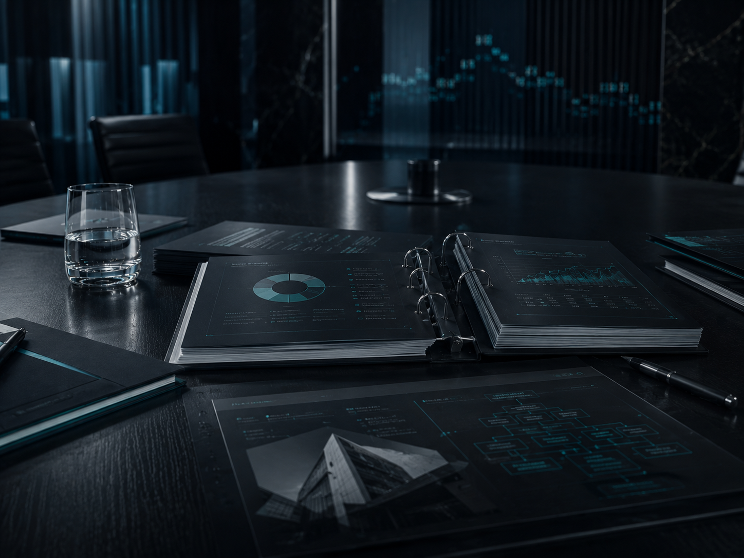 Conference table with analytical charts and a large screen displaying a line graph.