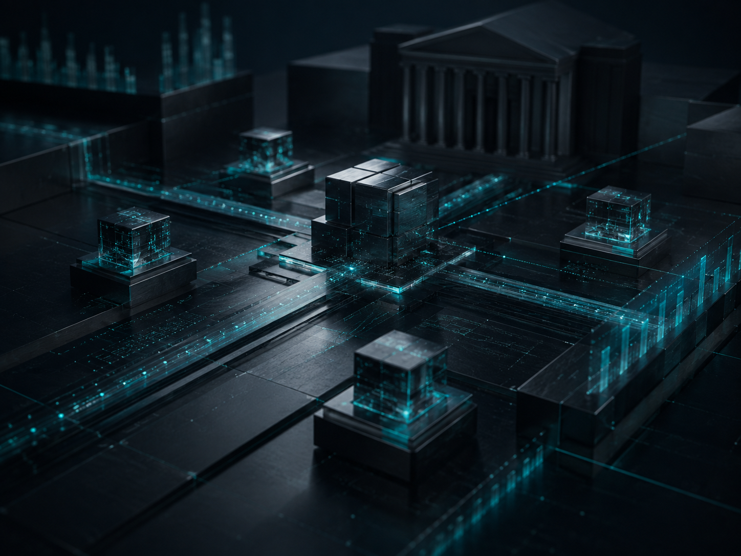 Digital city network visualization representing technology, data, and connectivity.