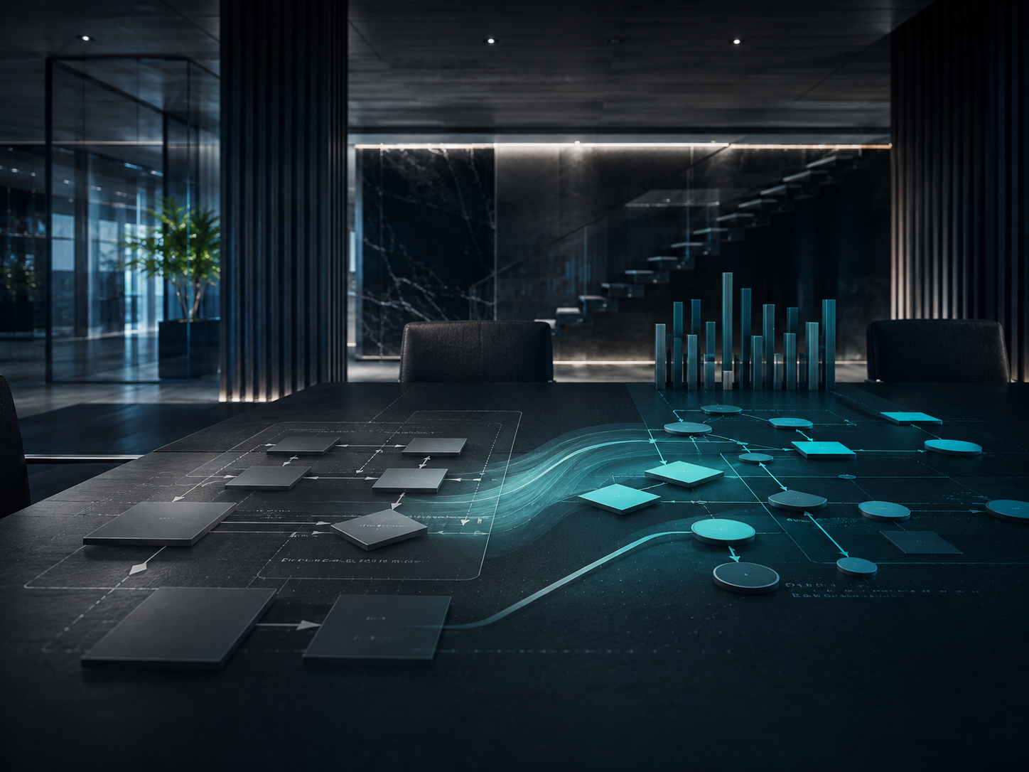 Strategy workspace with data charts and flow diagrams displayed across a conference table.