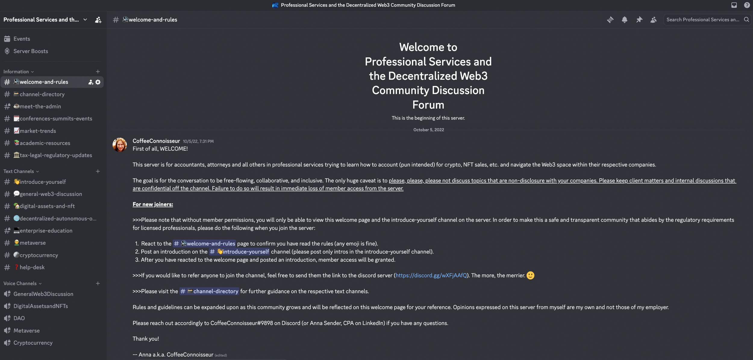 Welcome page for the Professional Services and Decentralized Web3 Community Discussion Forum on Discord.