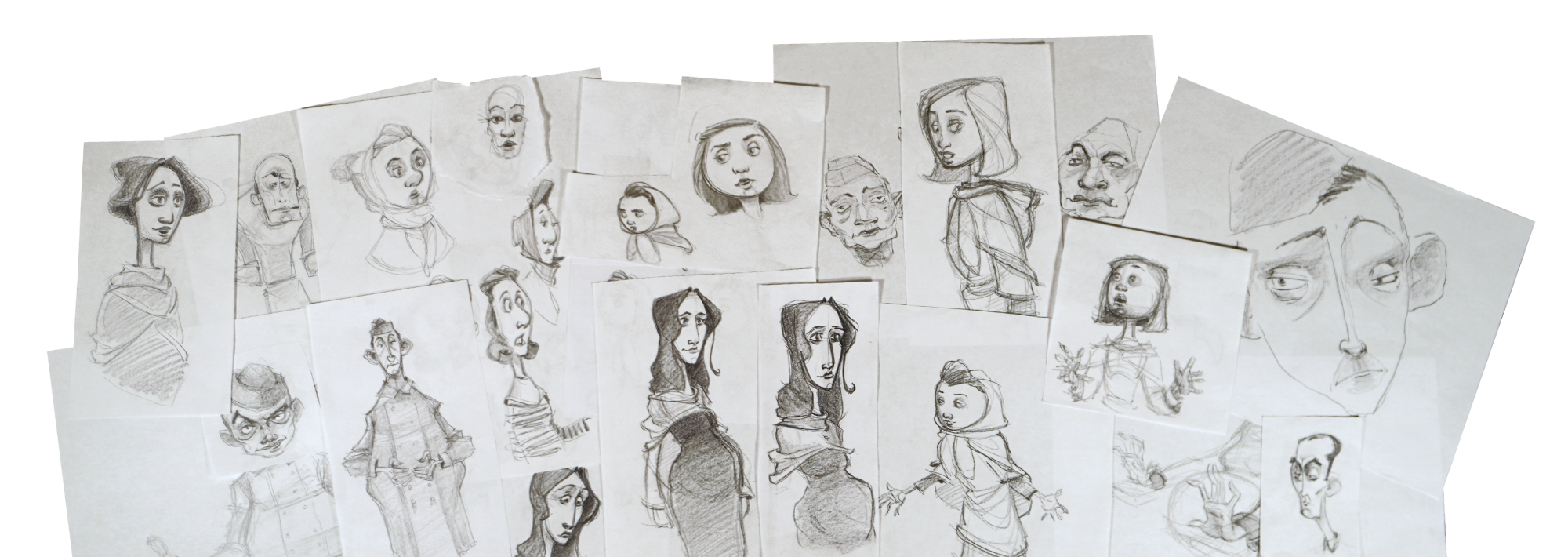 Collection of character sketches for "The Ravensbrück Prayer" by Elias Dancey