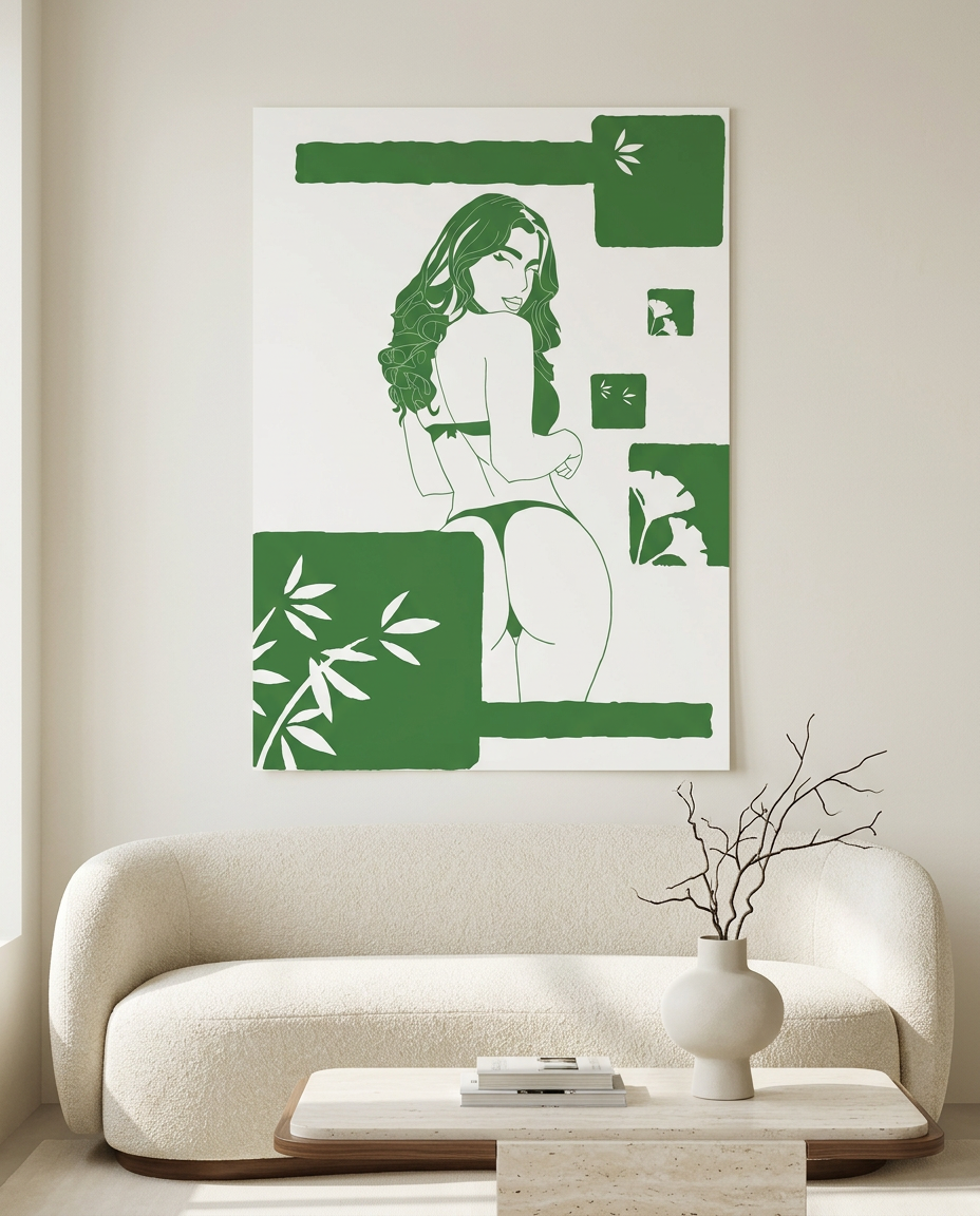Emeral Green Botanic Line Art Flow/ A4 Photo paper Poster.
