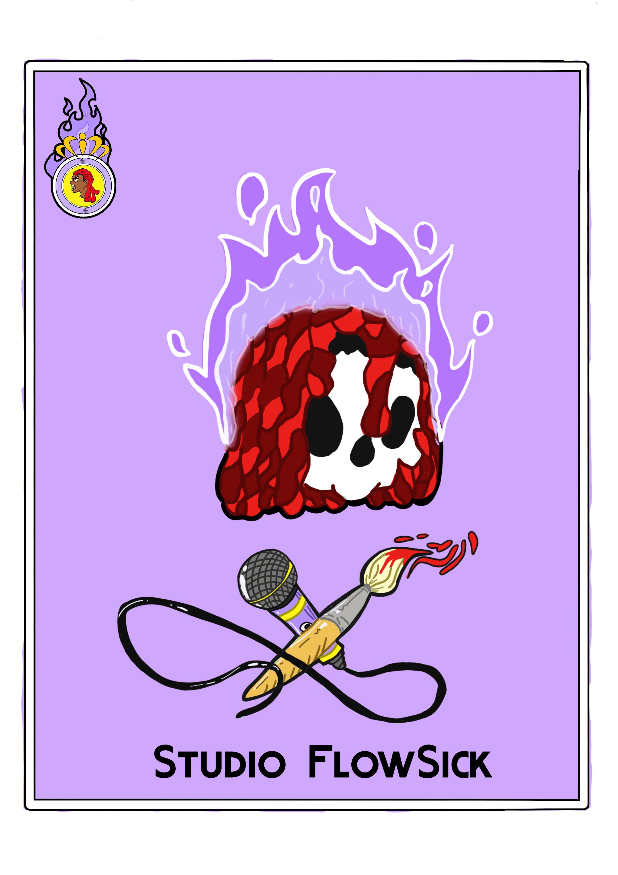 A purple poster with a skull with red hair, surrounded by purple flames and a throne logo in the top left corner. Next to the skull, a microphone and paintbrush cross each other, with the text "STUDIO FlowSick" at the bottom.