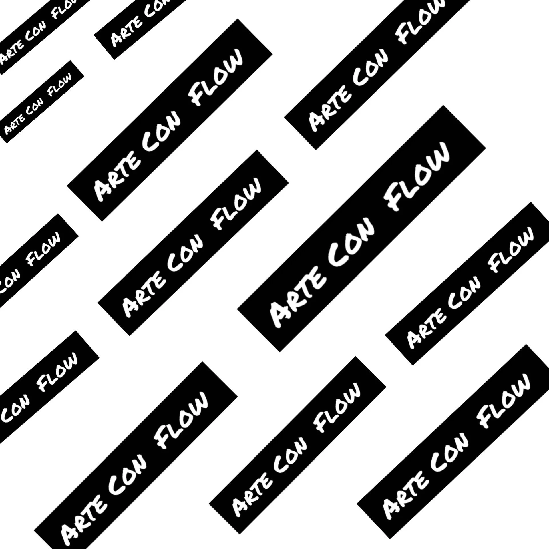 Black background with diagonal white text reading 'ARTÉ CON FLOW' repeated in a pattern.