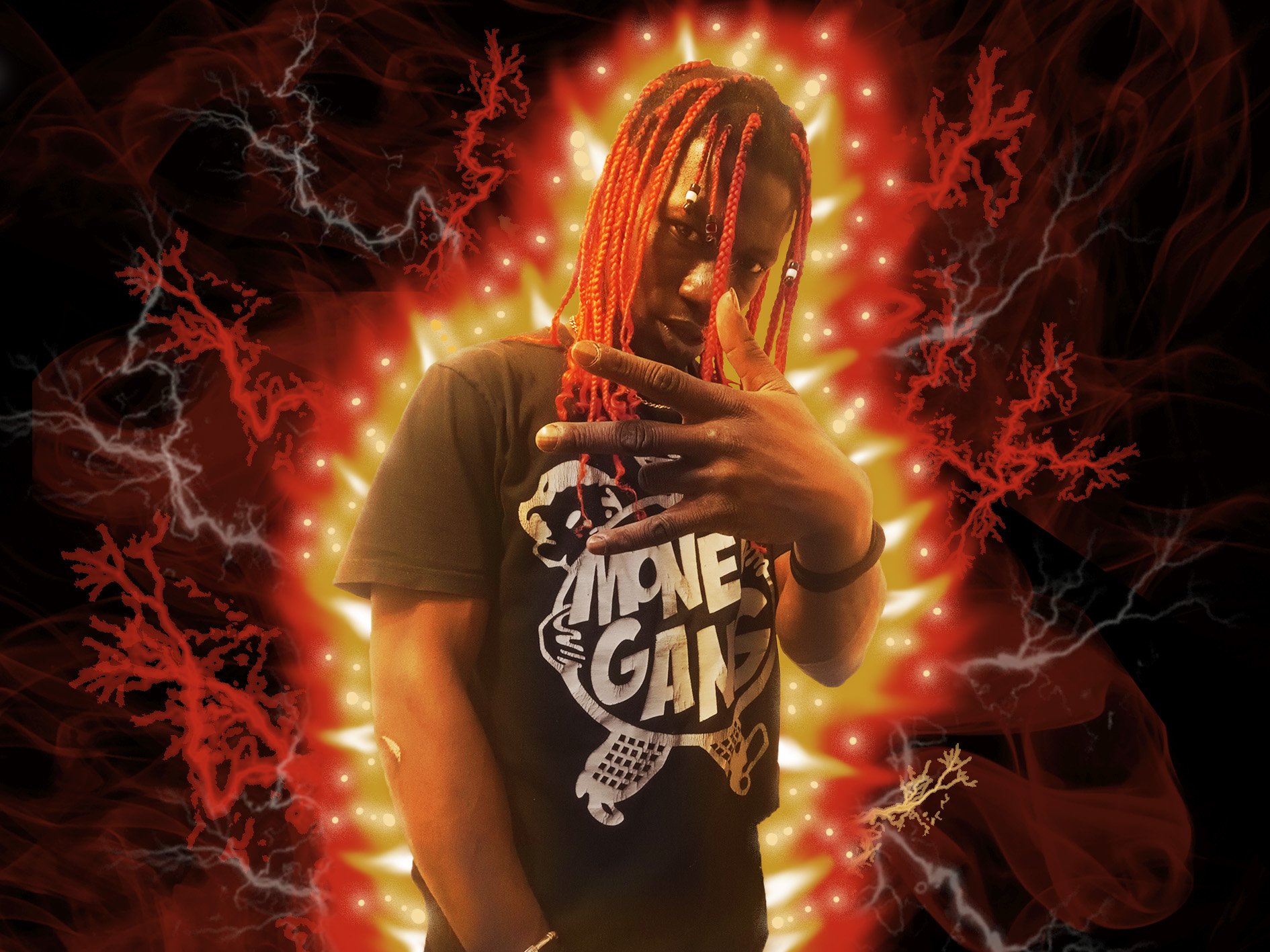 A person with long red braids wearing a black t-shirt with a graphic print, standing with hand gesture in front of a digital background with red and white lightning and particles.