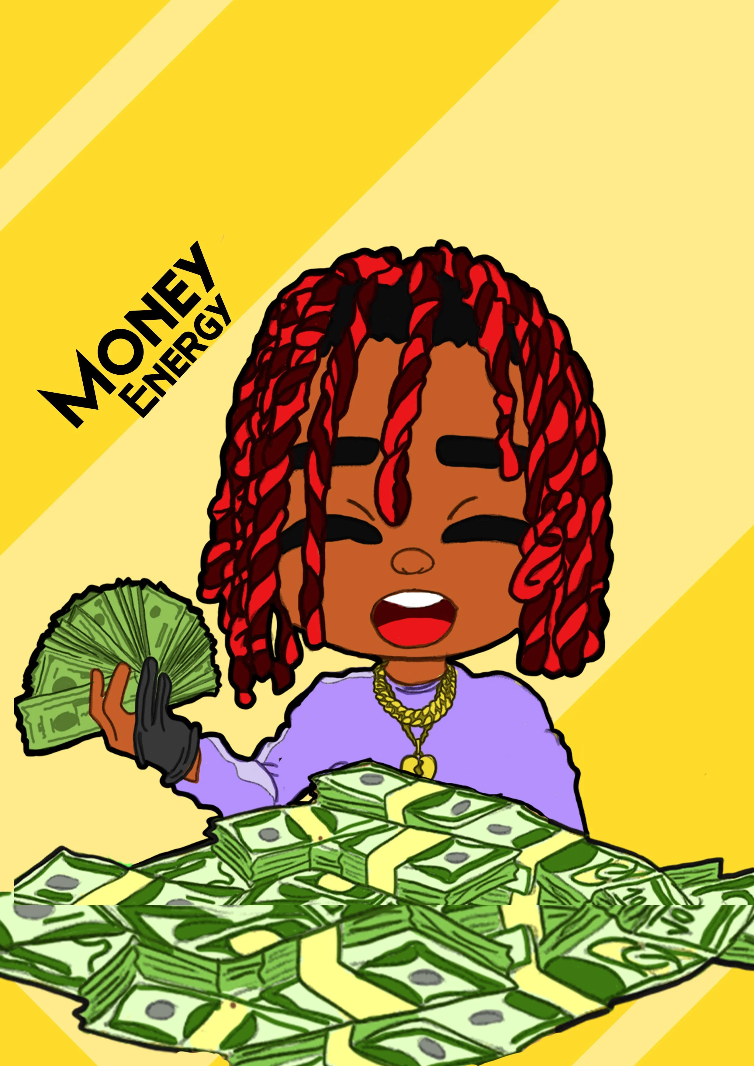 Cartoon of a person with red dreadlocks holding money, surrounded by piles of cash, wearing a purple shirt and gold jewelry, with a yellow background and the words 'Money Energy' in black.