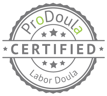 ProDoula Certified Labor Doula badge with circular design and stars.
