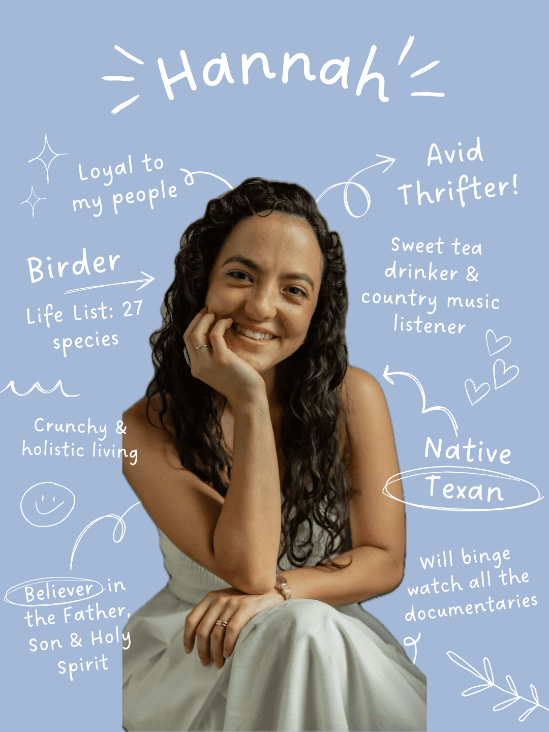 A smiling young woman with dark, curly hair sitting against a blue background with white doodles and handwritten text. The text includes her name, 'Hannah,' and various personal traits and interests such as being a Native Texan, loyal to her people, a bird lover with a list of 27 bird species, a sweet tea drinker, country music listener, and someone who enjoys documentaries.
