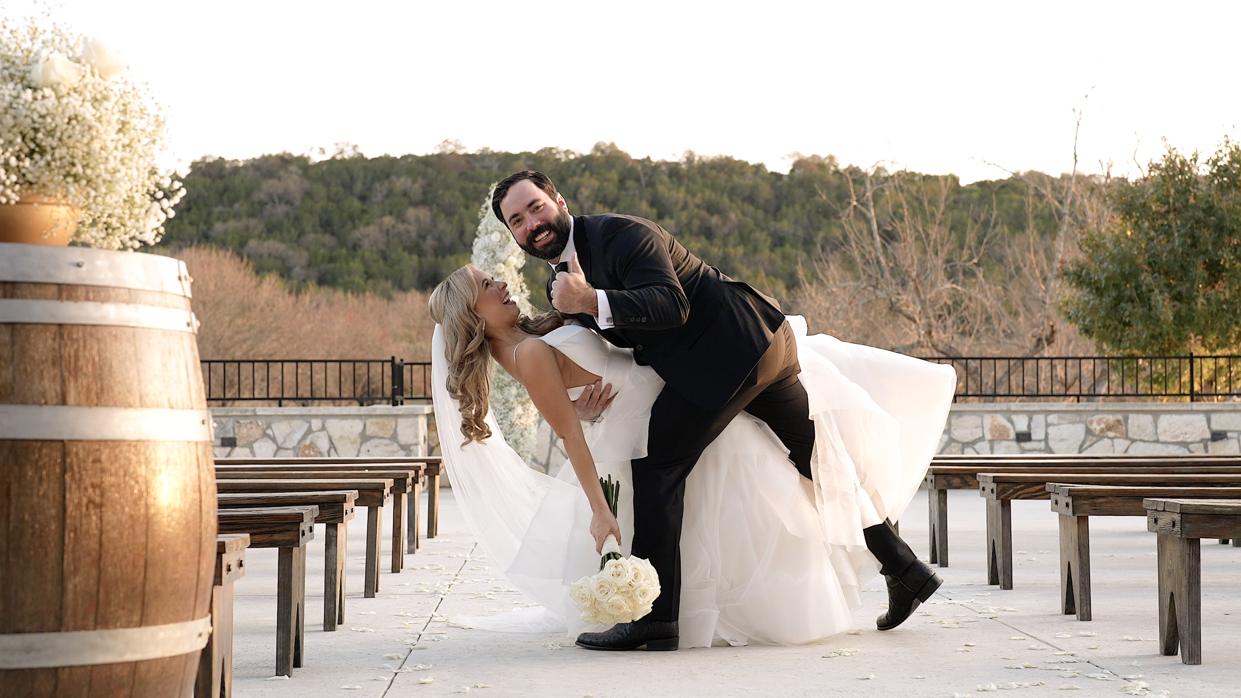 Groom dips Bride at the end of the ceremony Aisle