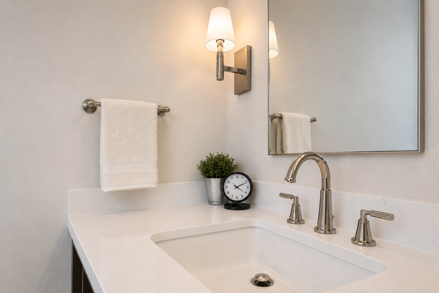 Bathroom remodel with white vanity countertop, brushed metal faucet, wall mirror, towel bar, and wall-mounted light.
