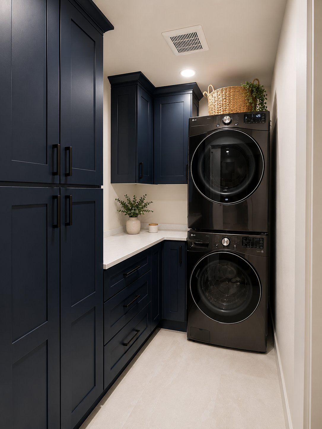 Stacked black washer and dryer in a laundry room with navy blue cabinets and a white countertop, decorated with a potted plant and woven basket on top.