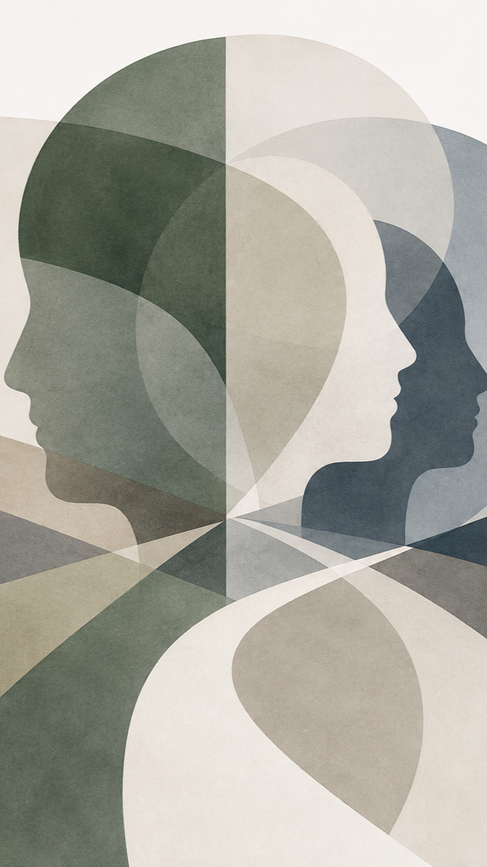 Abstract illustration of three overlapping human faces in profile with neutral and muted colors, creating geometric shapes.