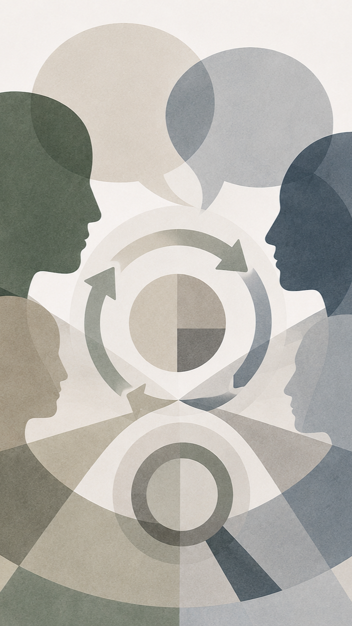 Abstract illustration of two pairs of people facing each other with speech bubbles and circular arrows, symbolizing communication and dialogue.