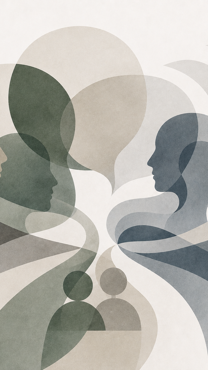 Overlapping silhouettes of a man and woman facing each other with speech bubbles above their heads, and smaller figures and speech bubbles below, representing conversation or communication.