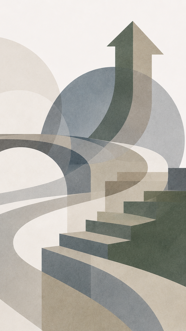 Abstract geometric artwork featuring a staircase with an arrow at the top pointing upward, surrounded by curved shapes and circles in muted tones of beige, gray, blue, and green.