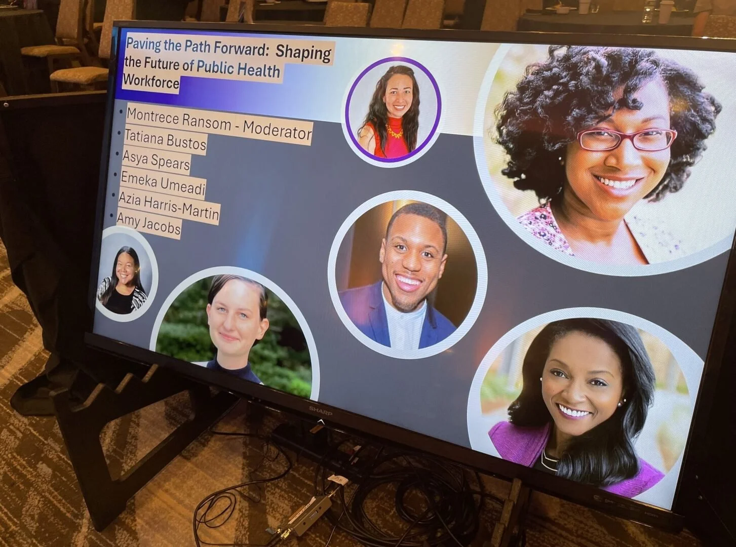 A presentation slide titled 'Paving the Path Forward: Shaping the Future of Public Health Workforce' features photos of six diverse professionals, each in a circle, with a list of names and titles on the left side.