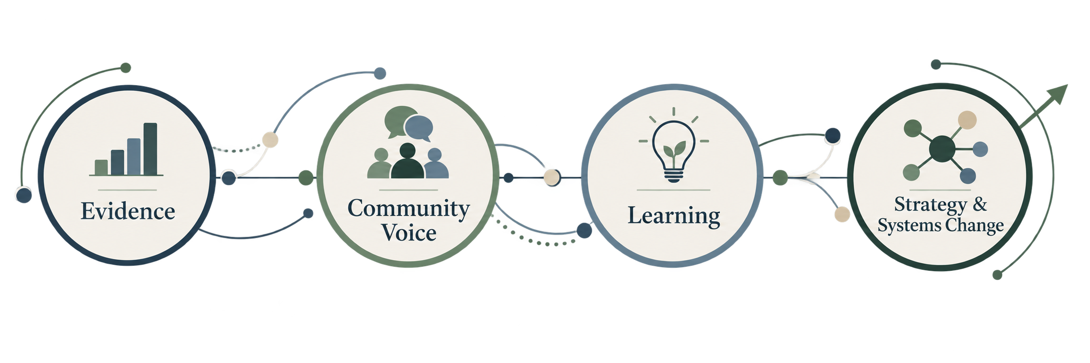 A flowchart illustrating the process with four steps: Evidence, Community Voice, Learning, and Strategy & Systems Change, connected with arrows.