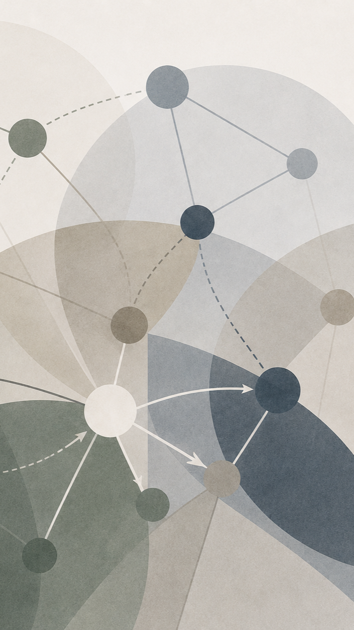 Abstract diagram with interconnected circles, lines, and arrows in muted colors.
