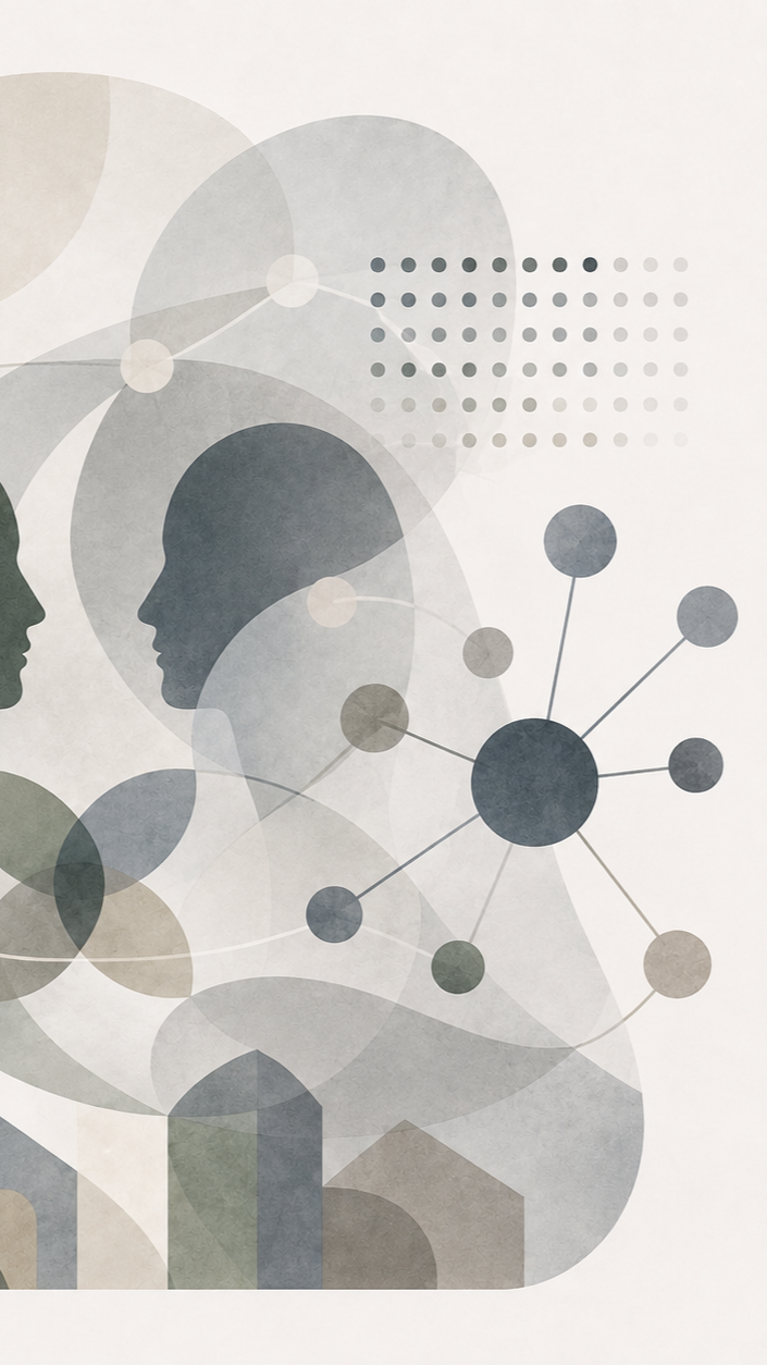 Abstract illustration featuring overlapping silhouettes of human heads, interconnected circles, and geometric shapes in muted colors.