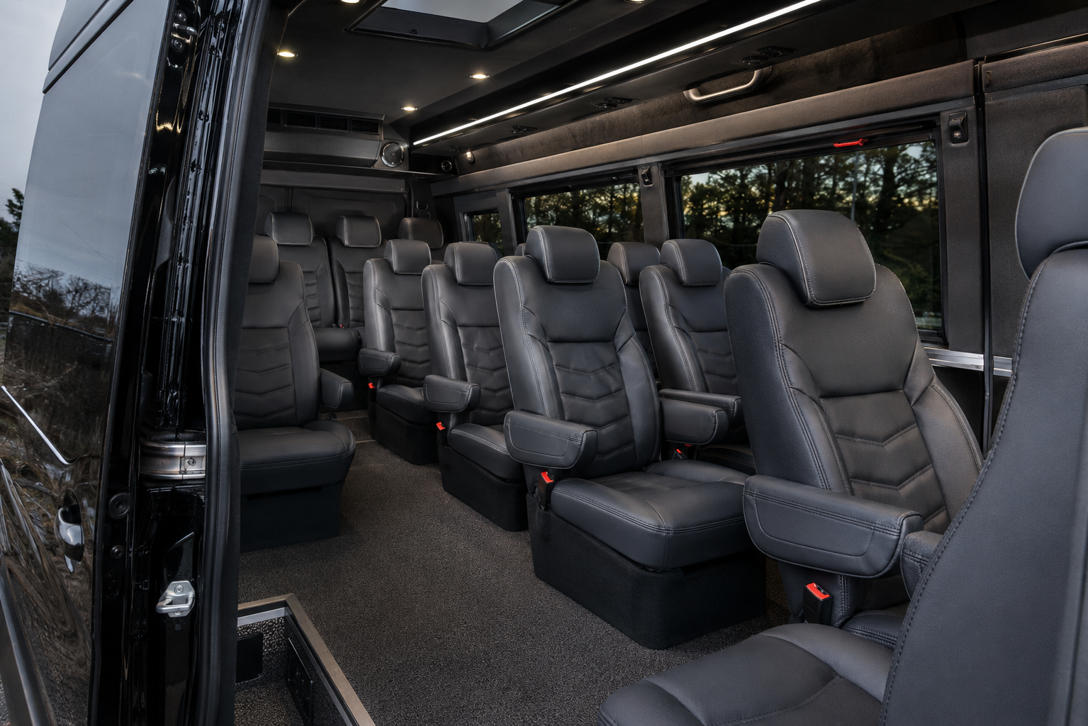 Premium black Mercedes-Benz Sprinter passenger interior