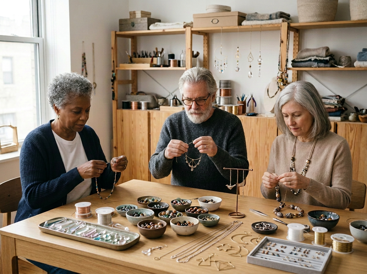 Three older adults, two women and one man, sit at a table making jewelry with beads, chains, and tools in a well-lit craft room with wooden shelves and supplies in the background.