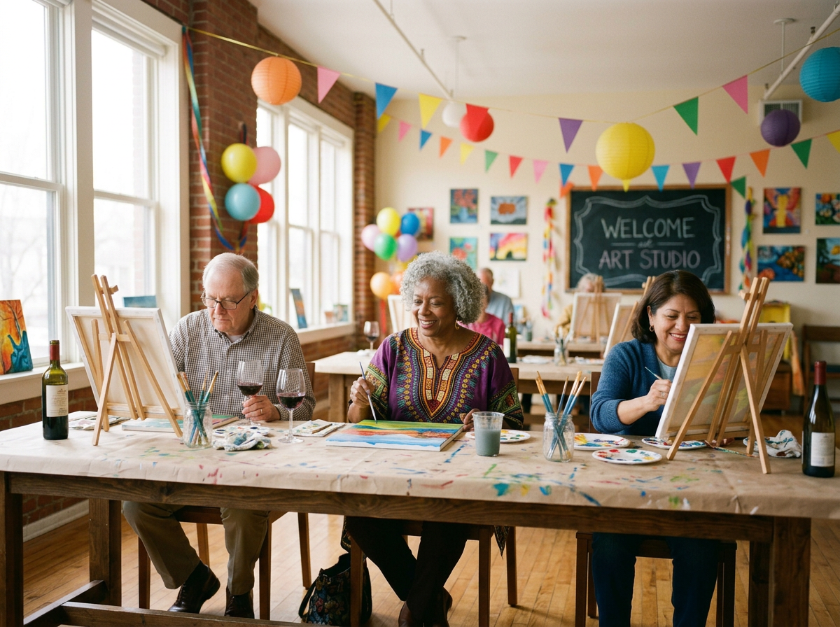 Adults painting colorful artwork at paint and sip class in art studio decorated with balloons and bunting for celebration.