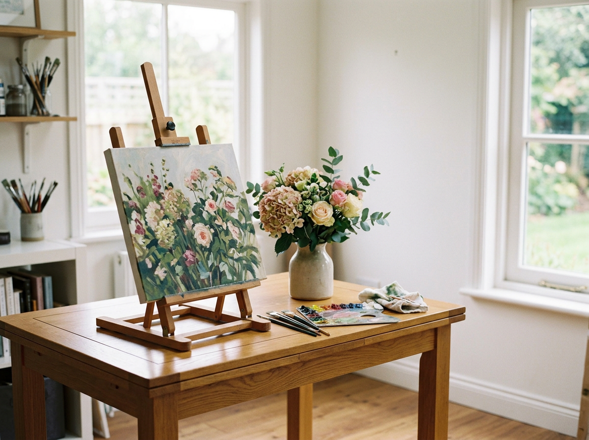 A wooden table with an easel holding a canvas of a floral painting, a vase of pink and white flowers, paintbrushes, a palette, and a cloth, in a bright room with large windows.