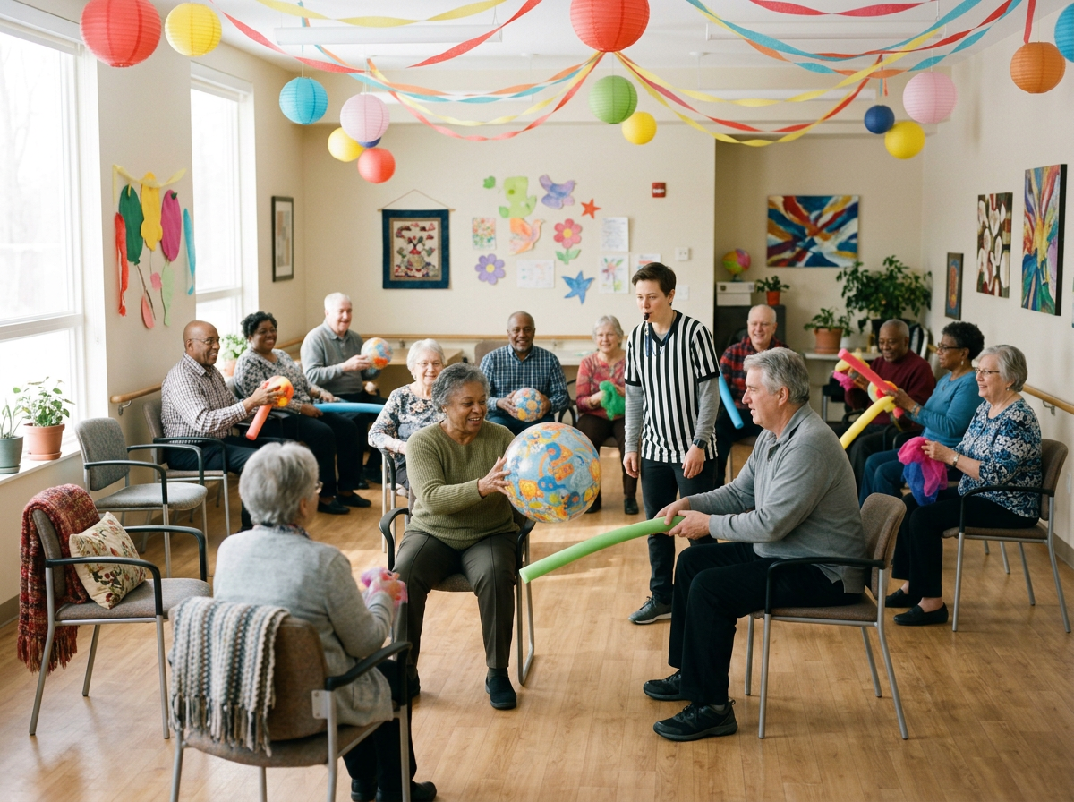 Group of elderly people engaging in a fun activity with a young woman serving as a referee, inside a decorated room with colorful paper lanterns and streamers, playing with inflatable globes and soft balls.