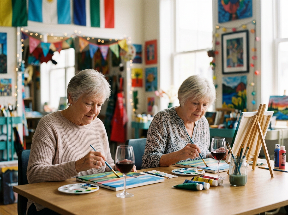 Two elderly women painting on canvases at a table in an art studio decorated with colorful artwork, flags, and string lights.