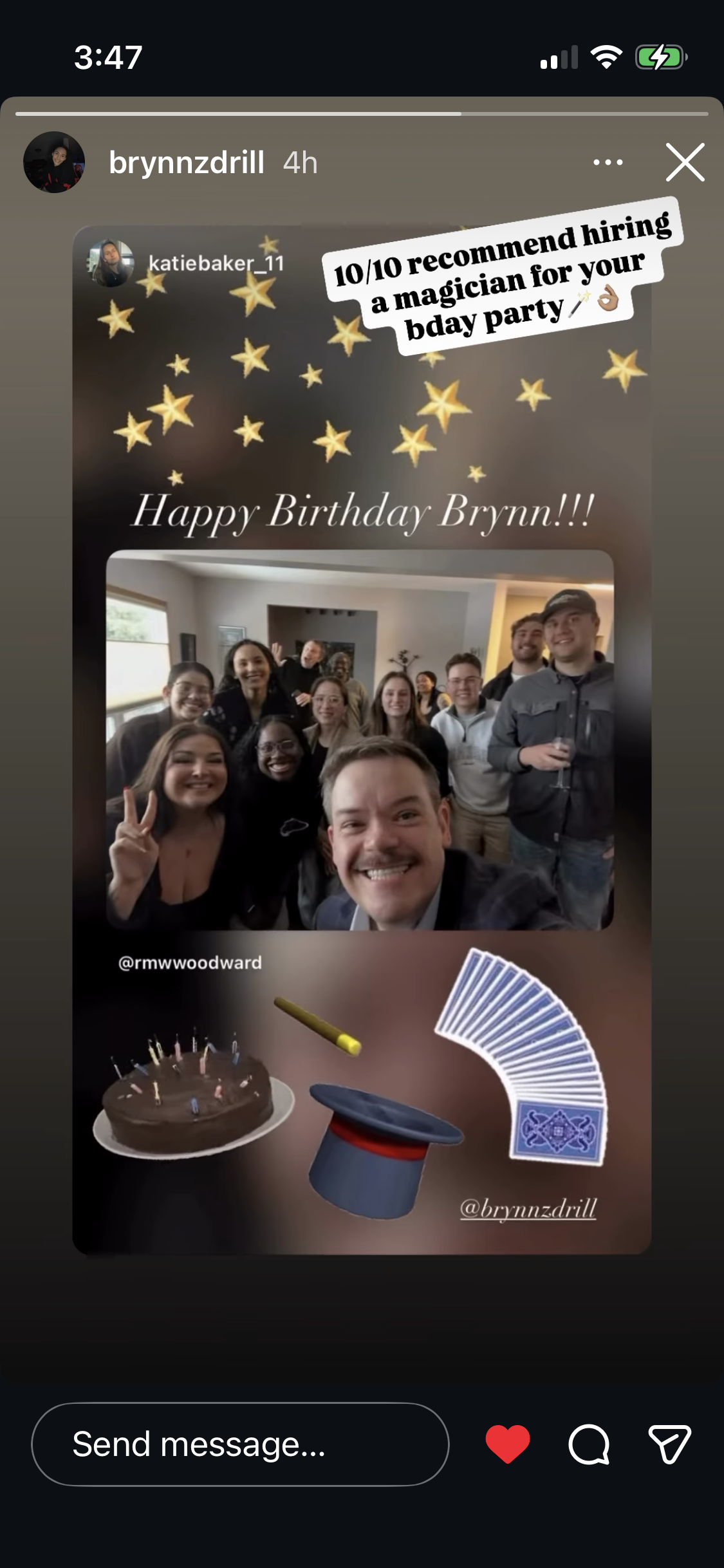 A birthday celebration with a group of people smiling and posing for a selfie inside a house. The image includes birthday-themed emojis like stars, a cake with candles, a magician's hat, a magician's wand, and a fan of tarot cards. The text overlay r