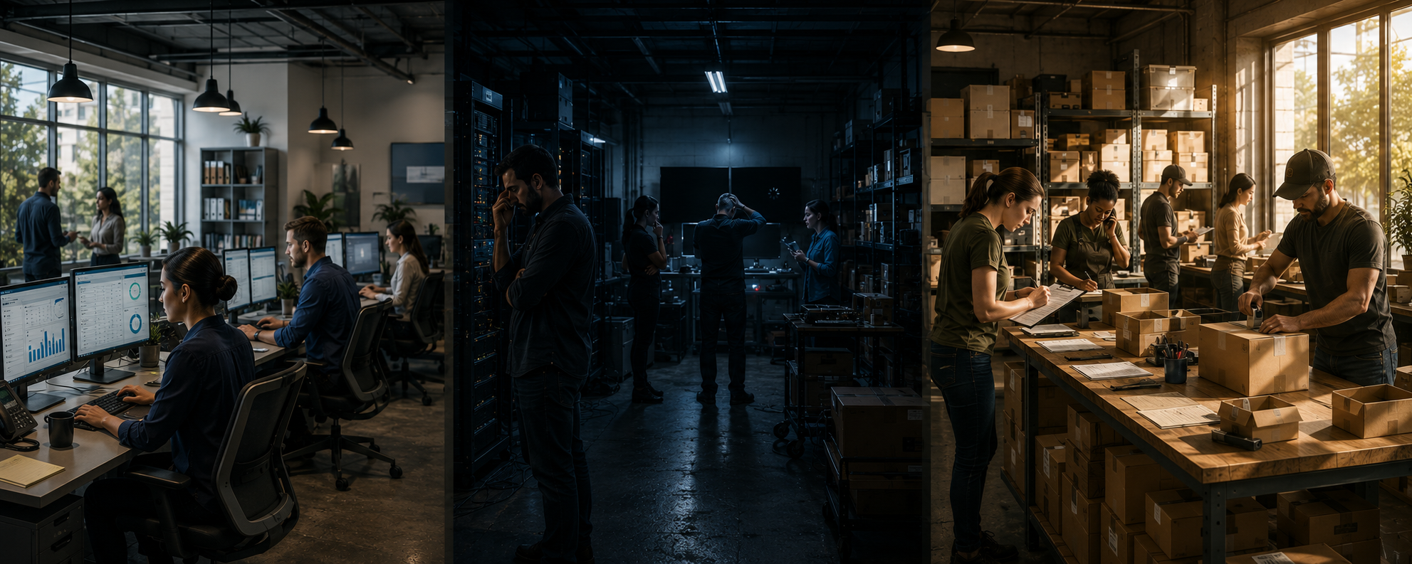 Office, data center, and warehouse illustrating different technology-dependent work environments.