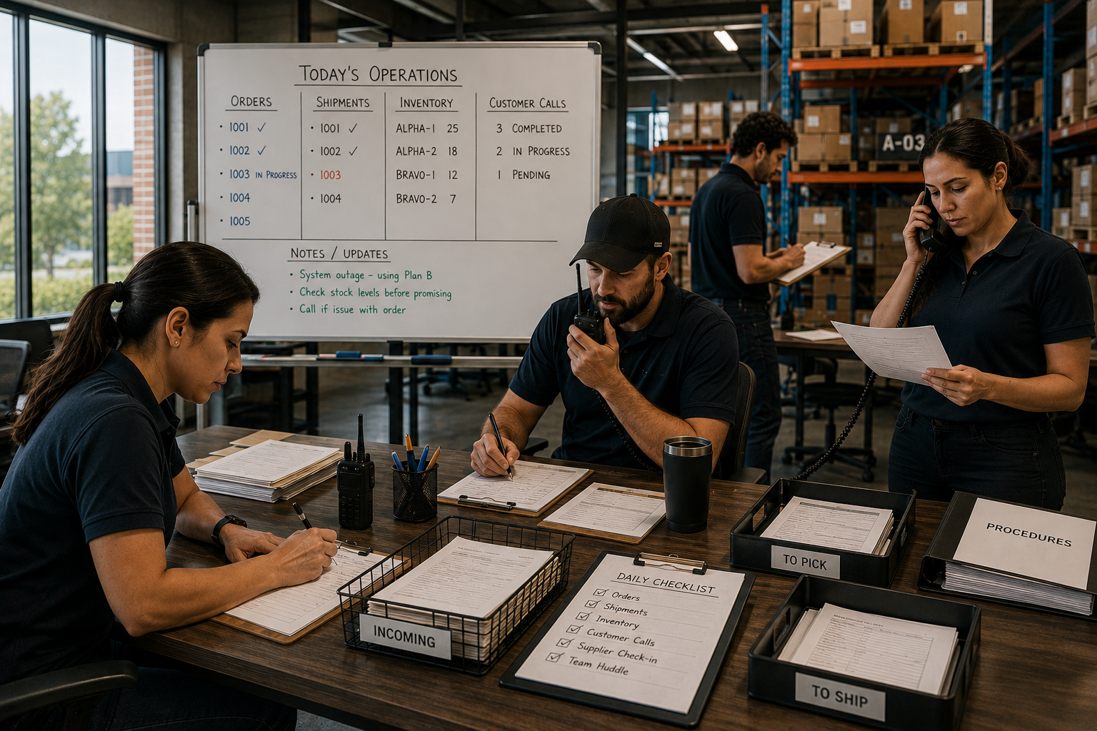 Warehouse staff continuing orders and shipments manually using paper records and a whiteboard.
