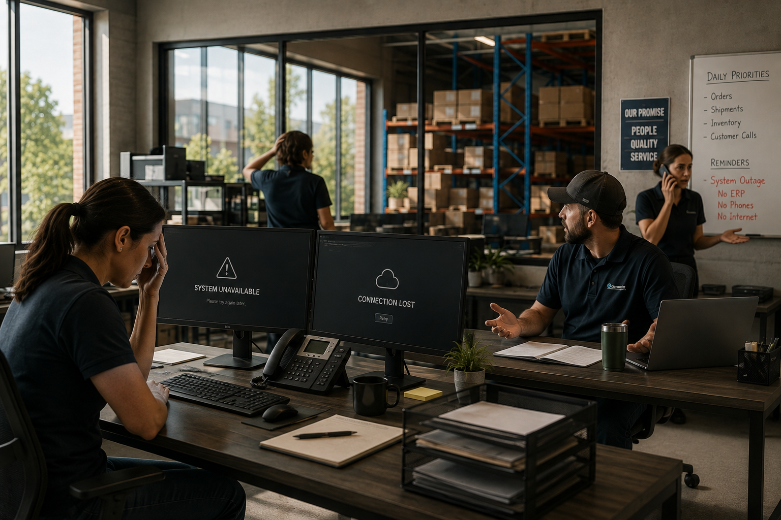 Warehouse office staff dealing with a technology disruption as computer screens show connection problems.