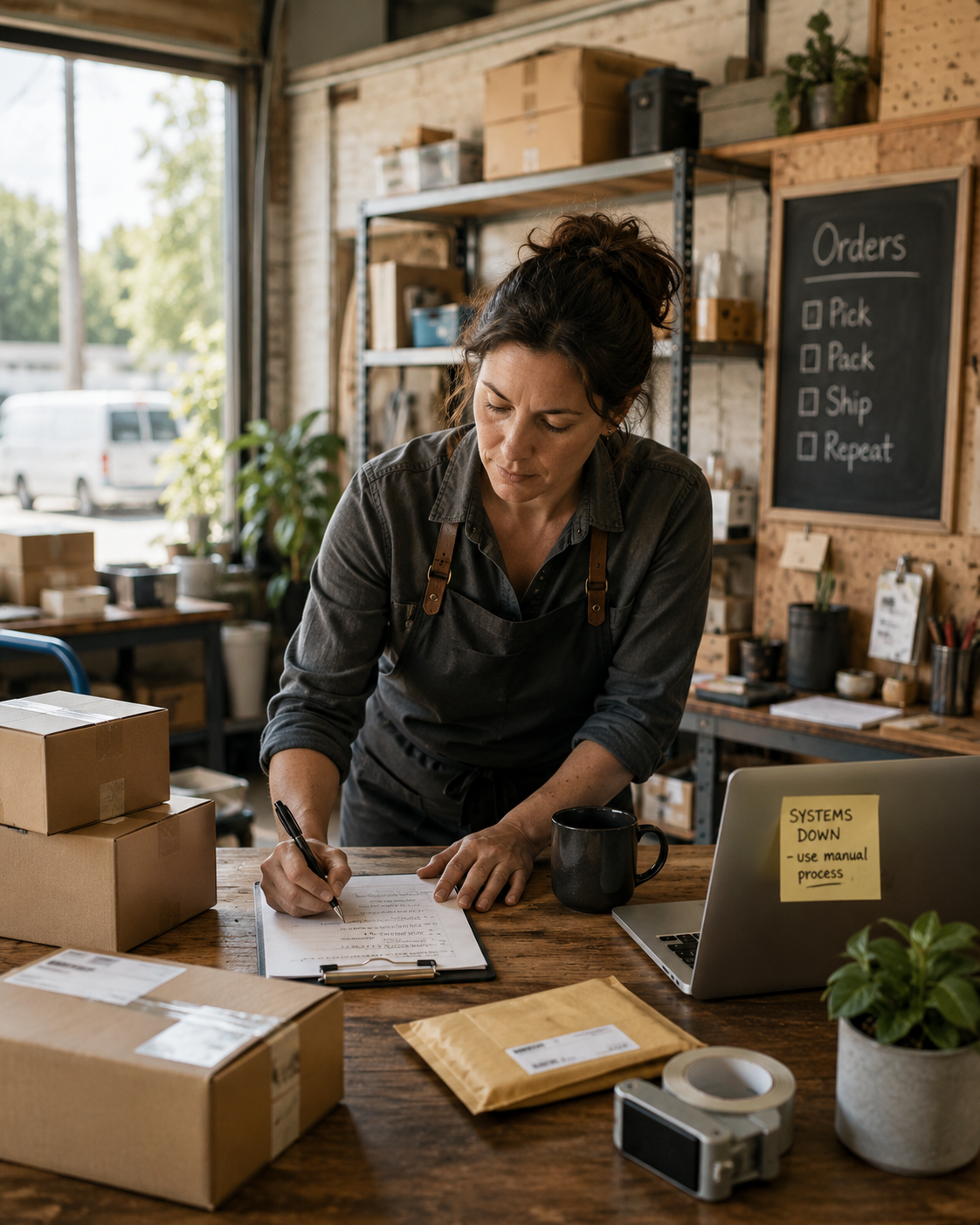 Woman working at a table with packages, a laptop, and a clipboard in a small business workspace.
