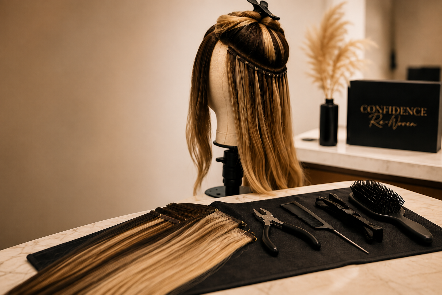 Hair extension training mannequin with extension tools at a salon workstation